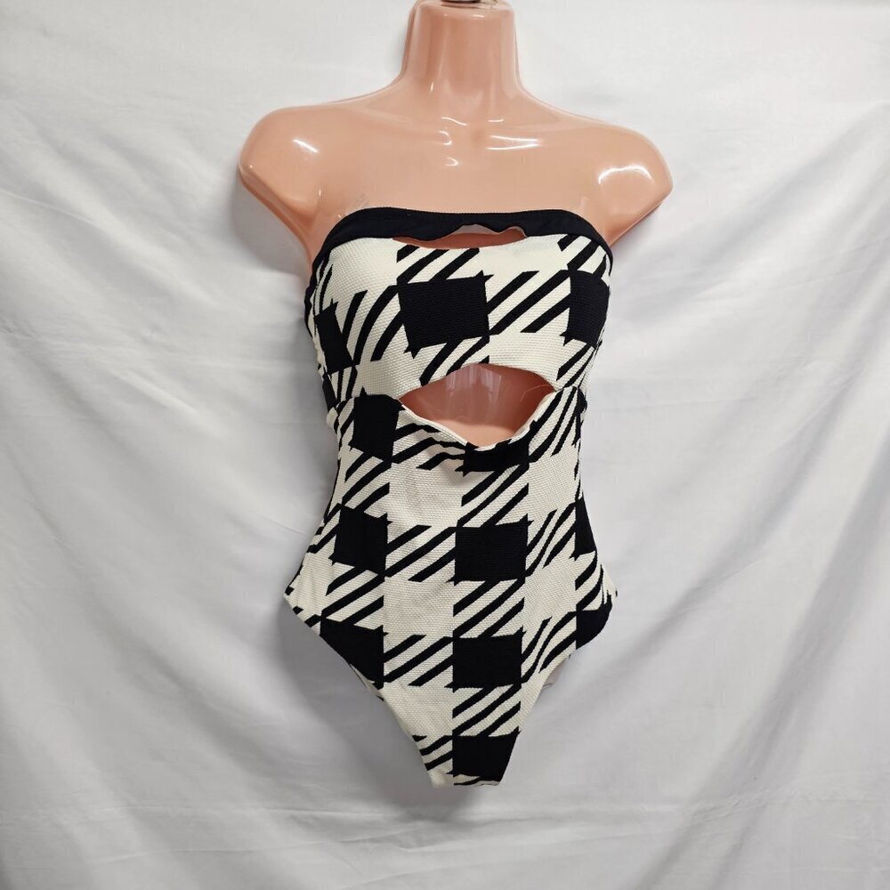 Onia Natalie Houndstooth Strapless One Piece Swimsuit Women Size L Black/ White
